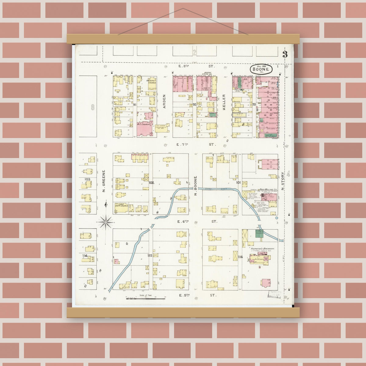 Old map wall art mockup — magnetic wood frame on brick wall — Sanborn Fire Insurance Map from Boone, Boone County, Iowa (1894), Sheet #0003