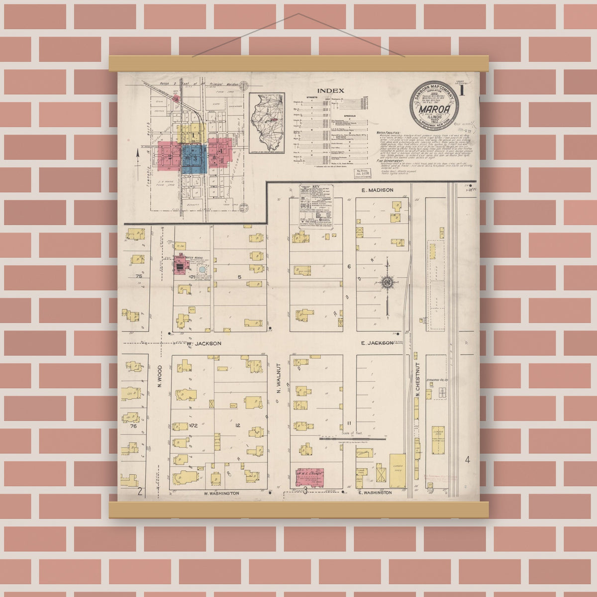 Old map wall art mockup — magnetic wood frame on brick wall — Sanborn Fire Insurance Map from Maroa, Macon County, Illinois (1922), Sheet #0001