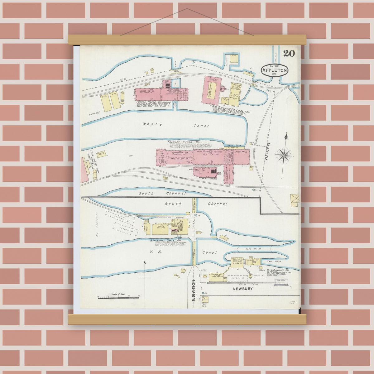 Old map wall art mockup — magnetic wood frame on brick wall — Sanborn Fire Insurance Map from Appleton, Outagamie County, Wisconsin (1891), Sheet #0020