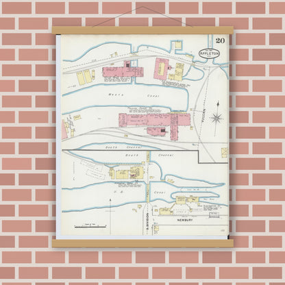 Old map wall art mockup — magnetic wood frame on brick wall — Sanborn Fire Insurance Map from Appleton, Outagamie County, Wisconsin (1891), Sheet #0020