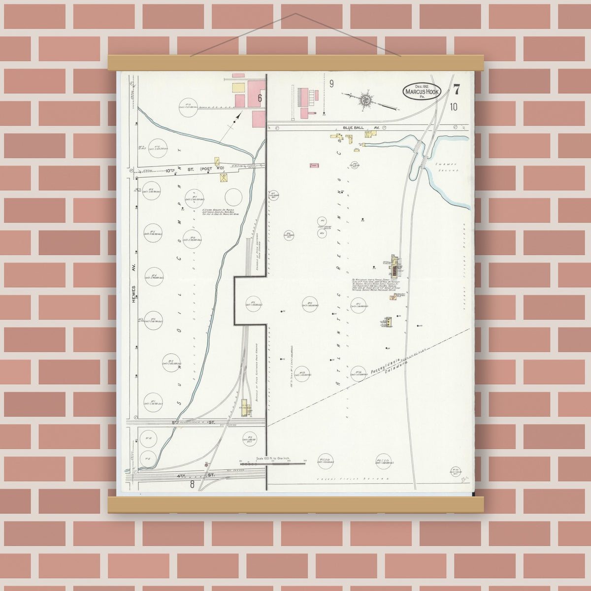Old map wall art mockup — magnetic wood frame on brick wall — Sanborn Fire Insurance Map from Marcus Hook, Chester County, Pennsylvania (1912), Sheet #0007