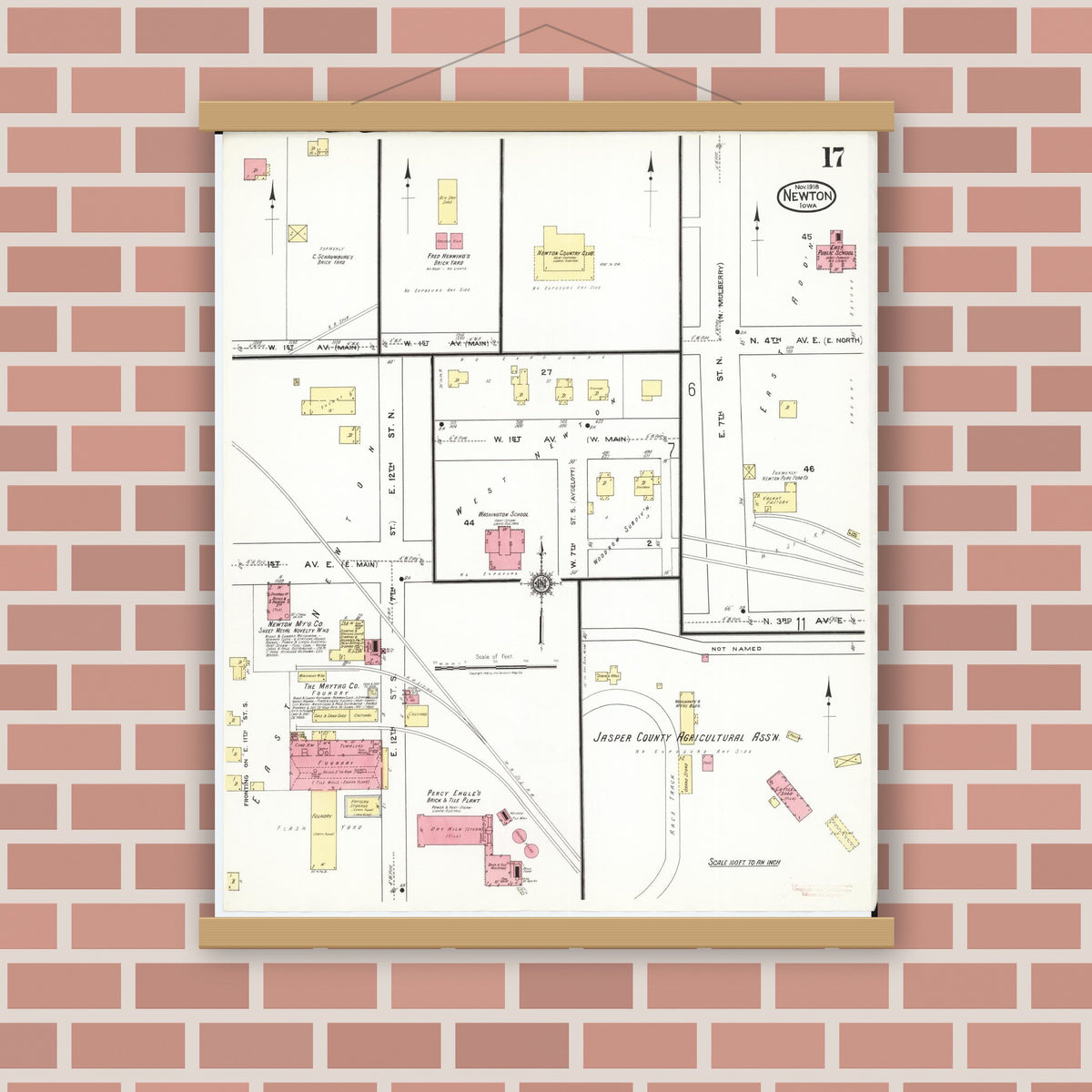 Old map wall art mockup — magnetic wood frame on brick wall — Sanborn Fire Insurance Map from Newton, Jasper County, Iowa (1918), Sheet #0017