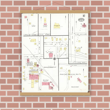 Old map wall art mockup — magnetic wood frame on brick wall — Sanborn Fire Insurance Map from Newton, Jasper County, Iowa (1918), Sheet #0017
