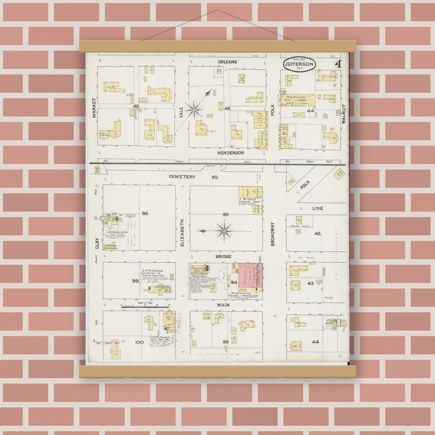 Old map wall art mockup — magnetic wood frame on brick wall — Sanborn Fire Insurance Map from Jefferson, Marion County, Texas (1890), Sheet #0004