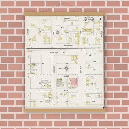 Old map wall art mockup — magnetic wood frame on brick wall — Sanborn Fire Insurance Map from Jefferson, Marion County, Texas (1890), Sheet #0004