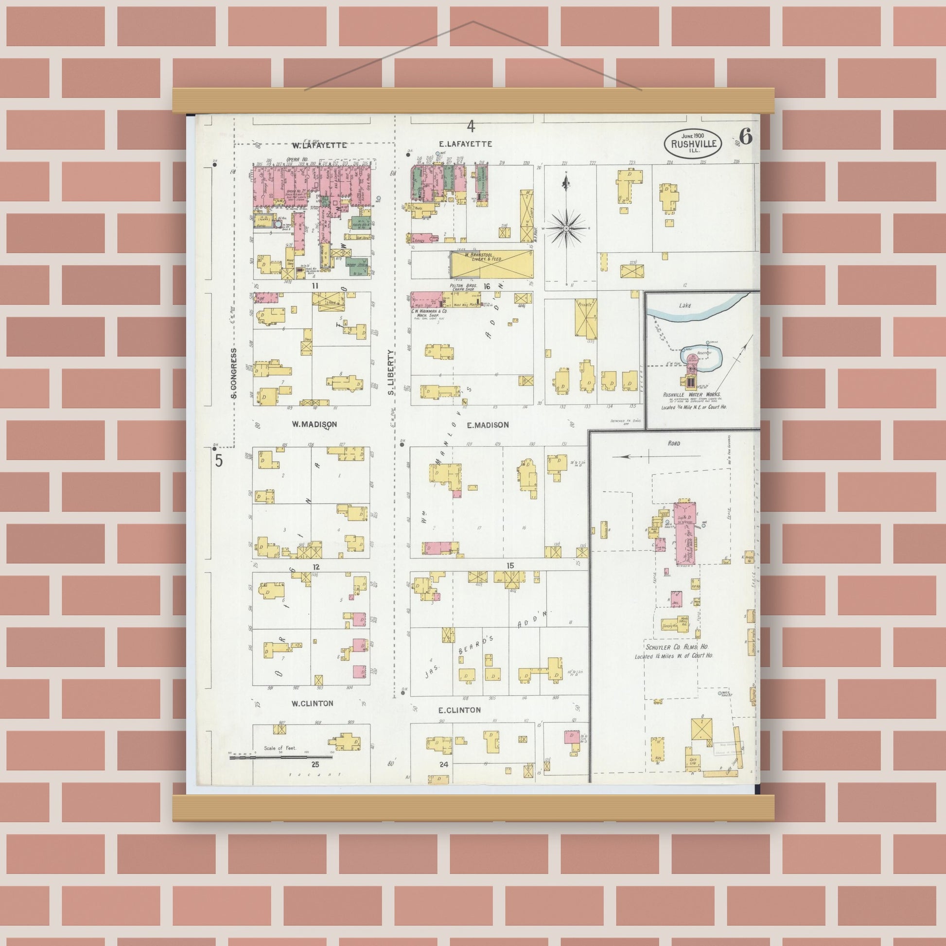 Old map wall art mockup — magnetic wood frame on brick wall — Sanborn Fire Insurance Map from Rushville, Schuyler County, Illinois (1900), Sheet #0006