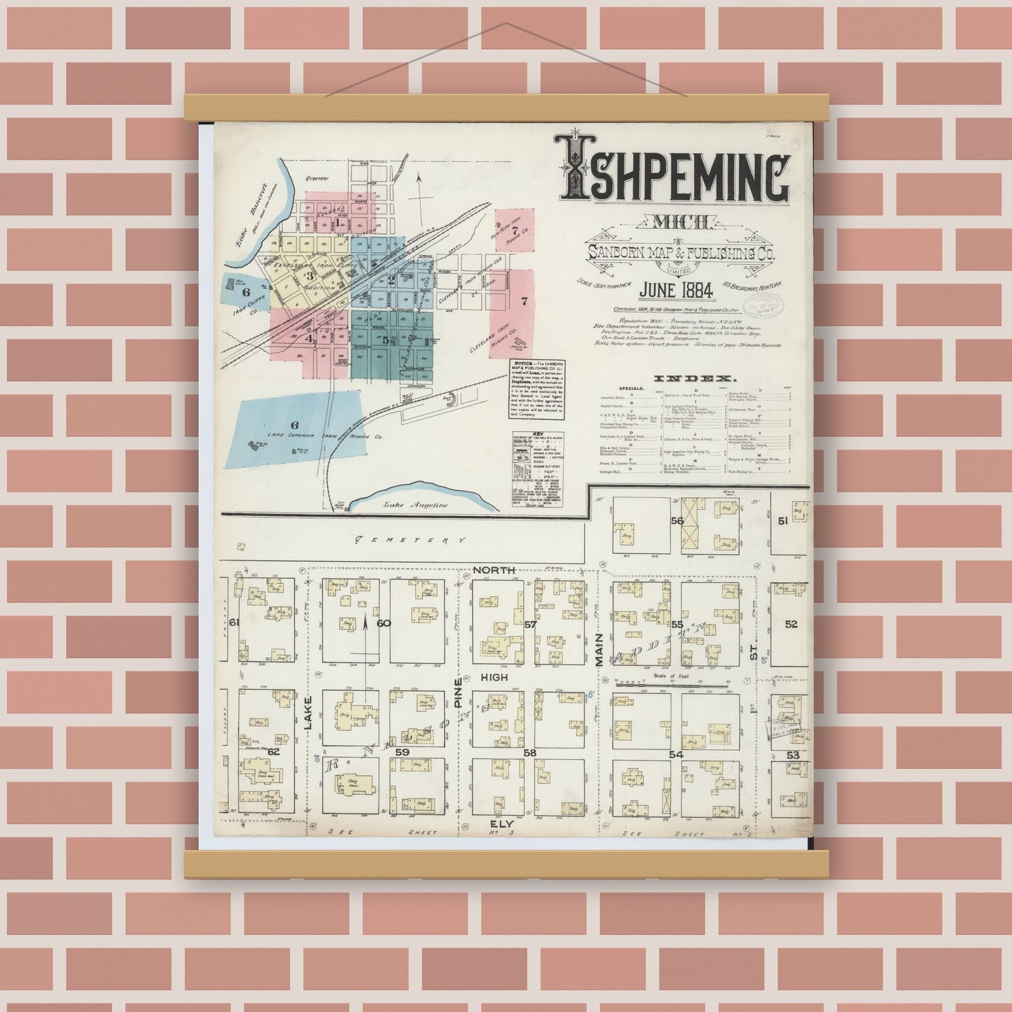 Old map wall art mockup — magnetic wood frame on brick wall — Sanborn Fire Insurance Map from Ishpeming, Marquette County, Michigan (1884), Sheet #0001