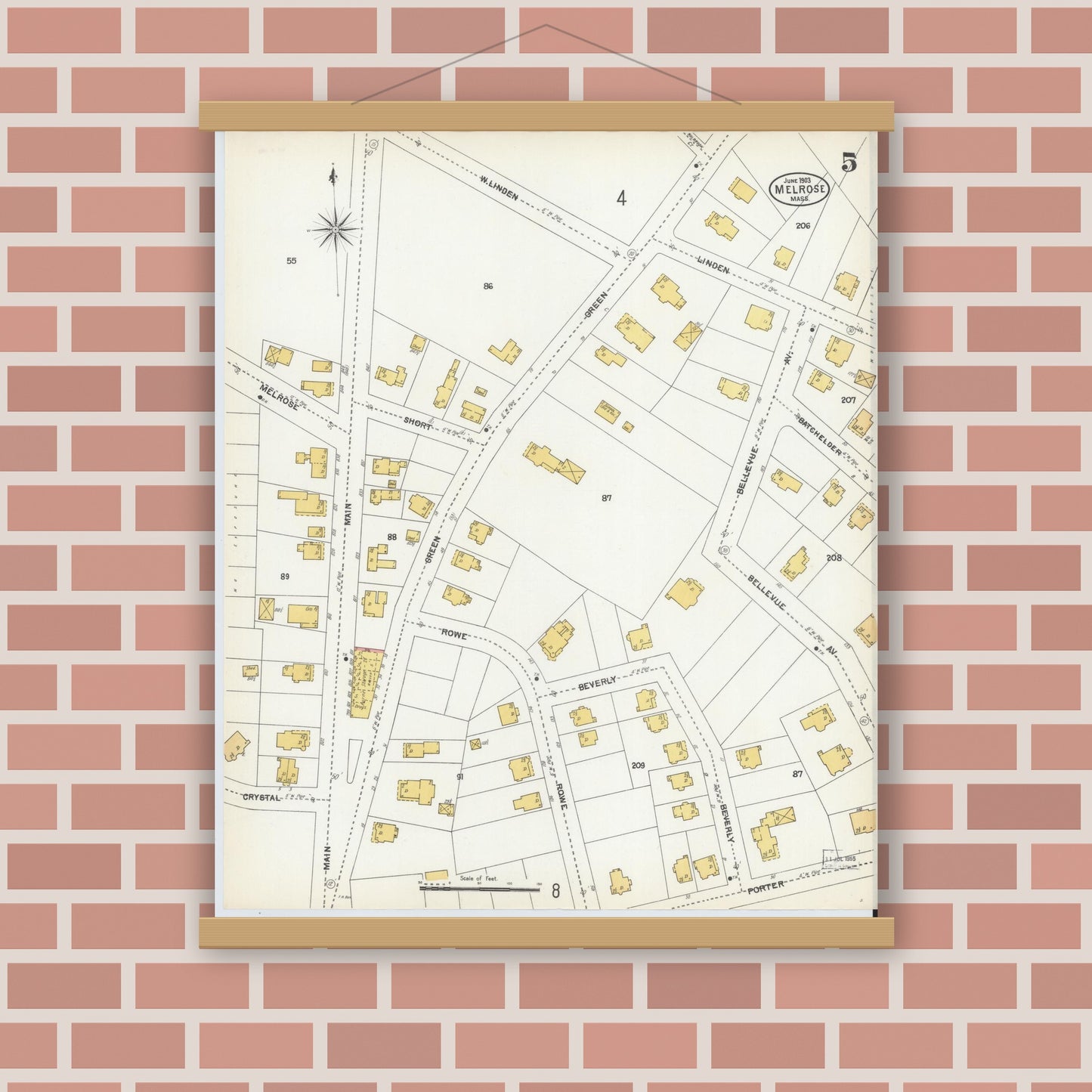 Old map wall art mockup — magnetic wood frame on brick wall — Sanborn Fire Insurance Map from Melrose, Middlesex County, Massachusetts (1903), Sheet #0005