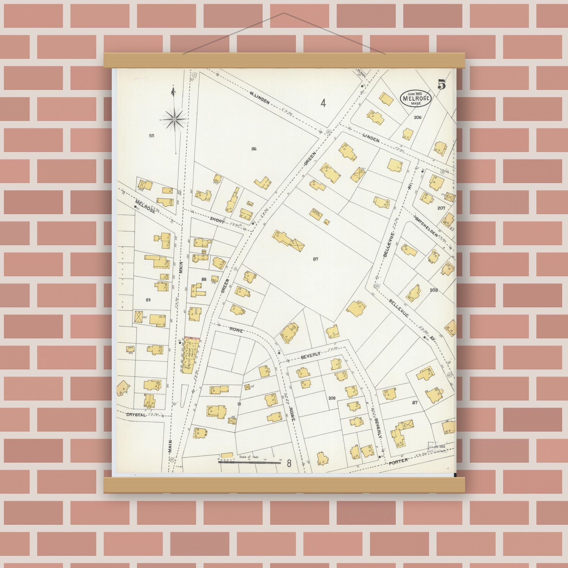 Old map wall art mockup — magnetic wood frame on brick wall — Sanborn Fire Insurance Map from Melrose, Middlesex County, Massachusetts (1903), Sheet #0005