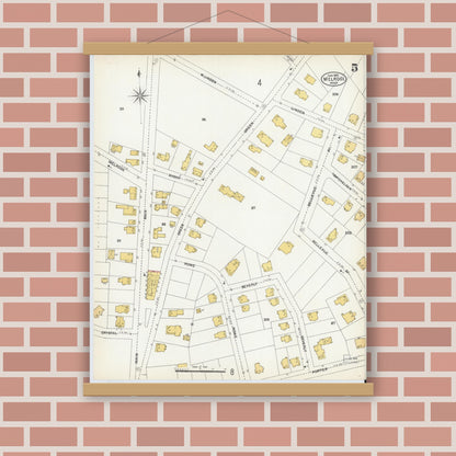 Old map wall art mockup — magnetic wood frame on brick wall — Sanborn Fire Insurance Map from Melrose, Middlesex County, Massachusetts (1903), Sheet #0005