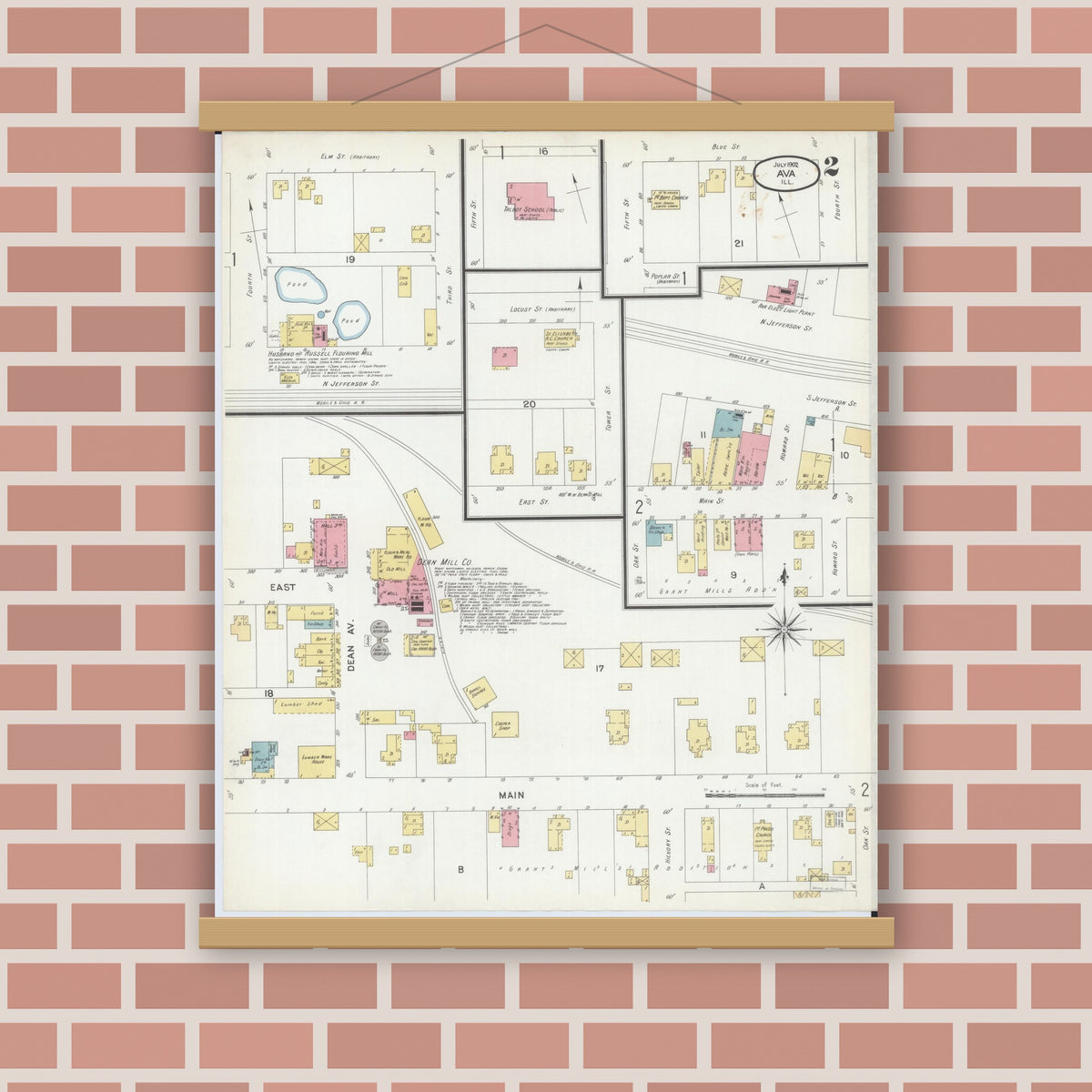 Old map wall art mockup — magnetic wood frame on brick wall — Sanborn Fire Insurance Map from Ava, Jackson County, Illinois (1902), Sheet #0002