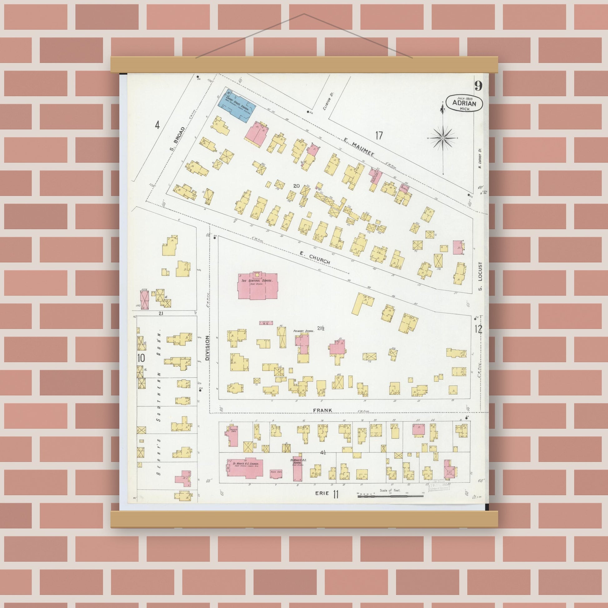 Old map wall art mockup — magnetic wood frame on brick wall — Sanborn Fire Insurance Map from Adrian, Lenawee County, Michigan (1899), Sheet #0009