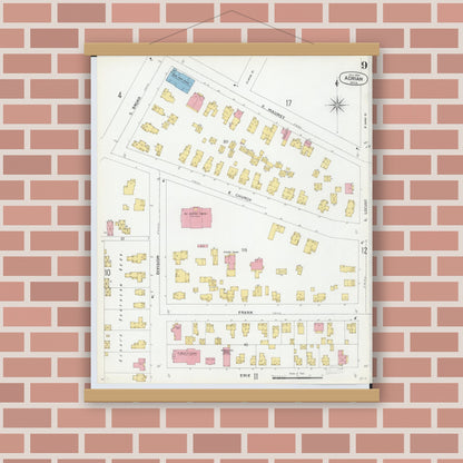 Old map wall art mockup — magnetic wood frame on brick wall — Sanborn Fire Insurance Map from Adrian, Lenawee County, Michigan (1899), Sheet #0009