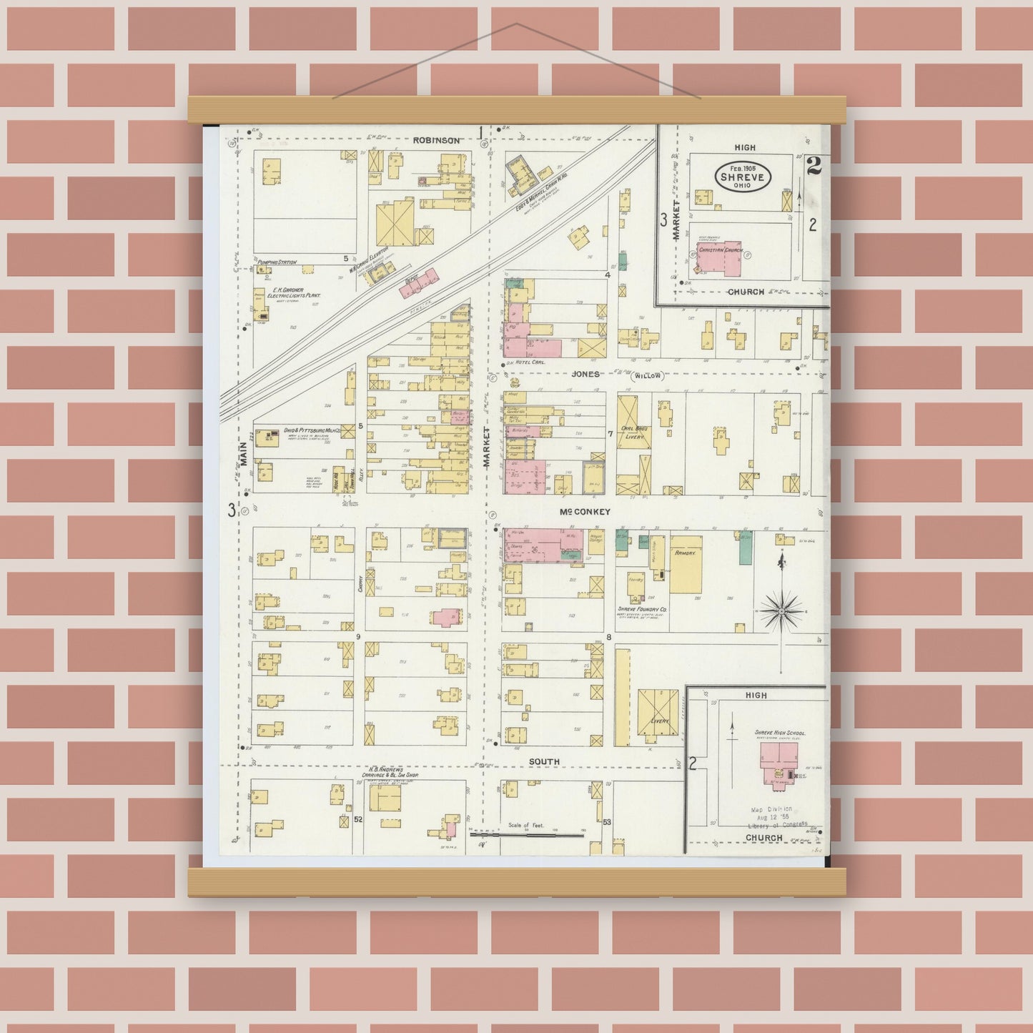 Old map wall art mockup — magnetic wood frame on brick wall — Sanborn Fire Insurance Map from Shreve, Wayne County, Ohio (1905), Sheet #0002