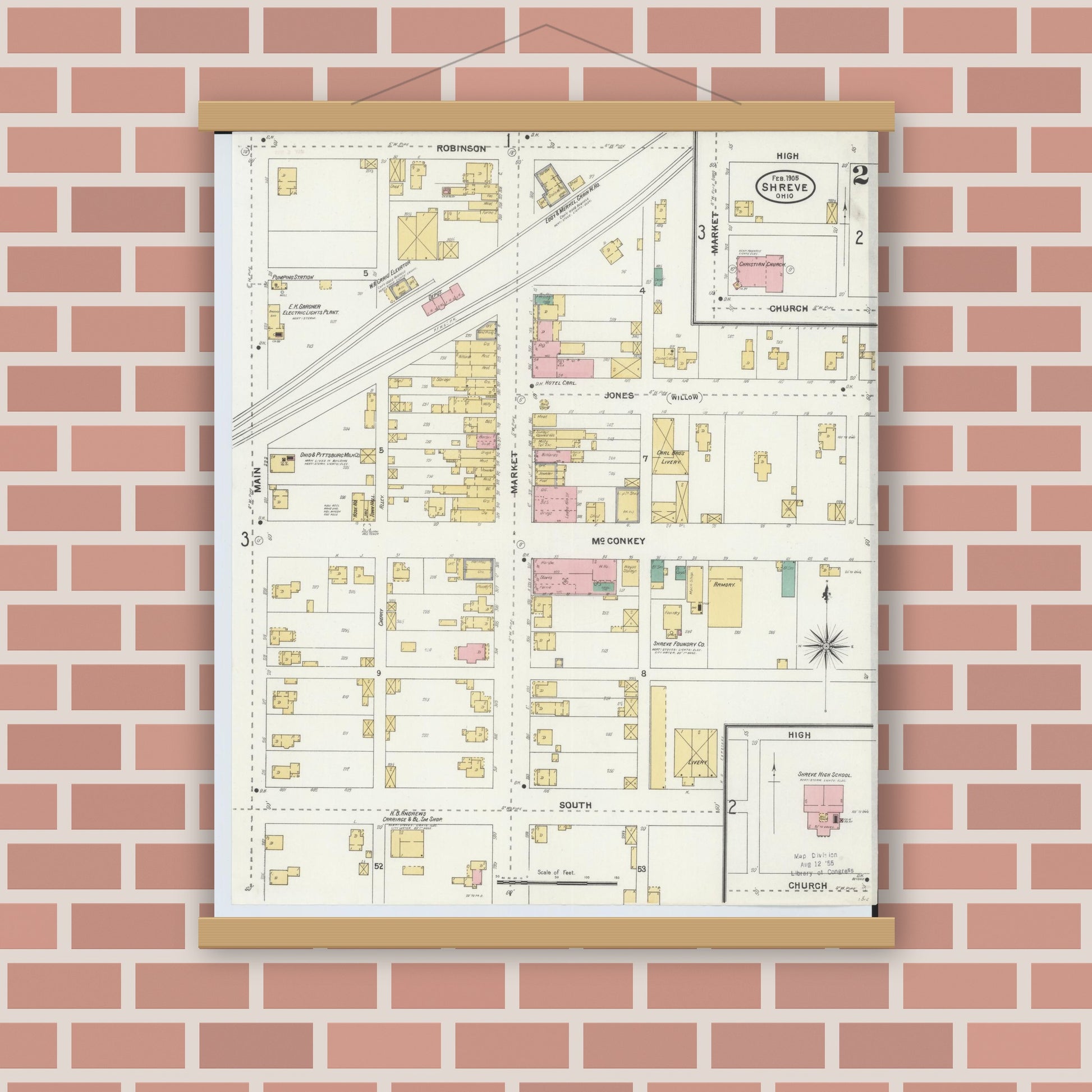 Old map wall art mockup — magnetic wood frame on brick wall — Sanborn Fire Insurance Map from Shreve, Wayne County, Ohio (1905), Sheet #0002