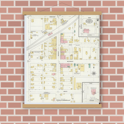 Old map wall art mockup — magnetic wood frame on brick wall — Sanborn Fire Insurance Map from Shreve, Wayne County, Ohio (1905), Sheet #0002