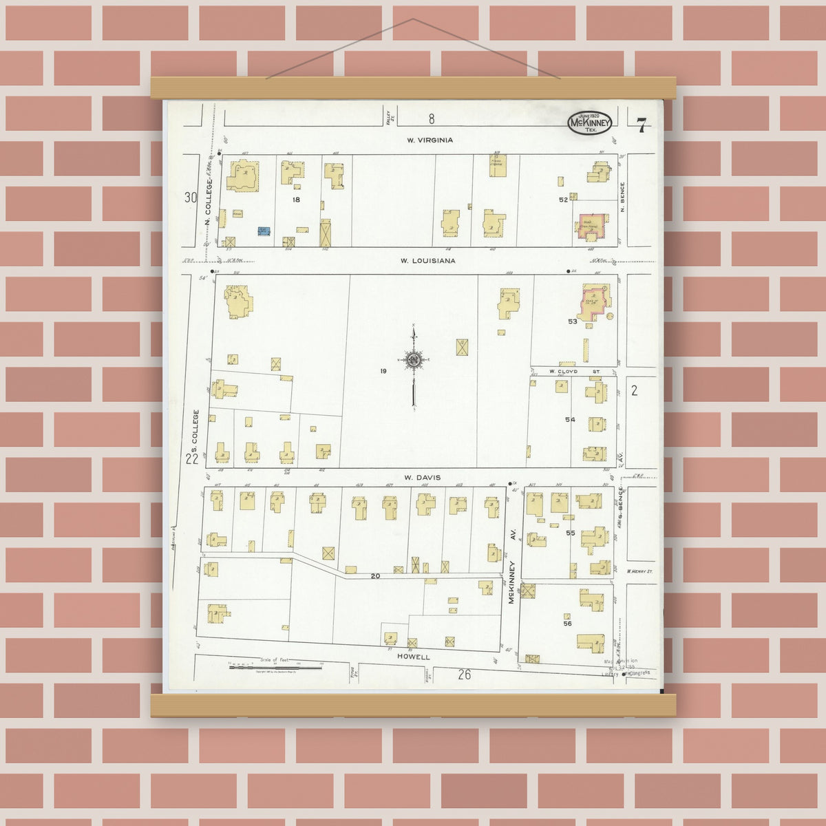 Old map wall art mockup — magnetic wood frame on brick wall — Sanborn Fire Insurance Map from McKinney, Collin County, Texas (1920), Sheet #0007