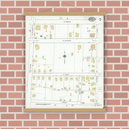 Old map wall art mockup — magnetic wood frame on brick wall — Sanborn Fire Insurance Map from McKinney, Collin County, Texas (1920), Sheet #0007