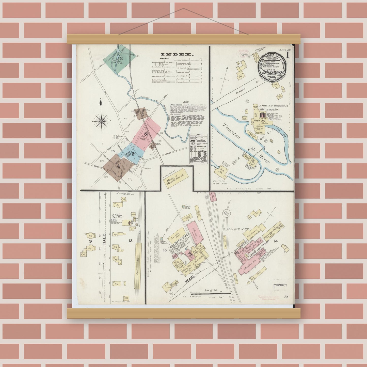 Old map wall art mockup — magnetic wood frame on brick wall — Sanborn Fire Insurance Map from Bridgewater, Plymouth County, Massachusetts (1891) - Complete Map Set