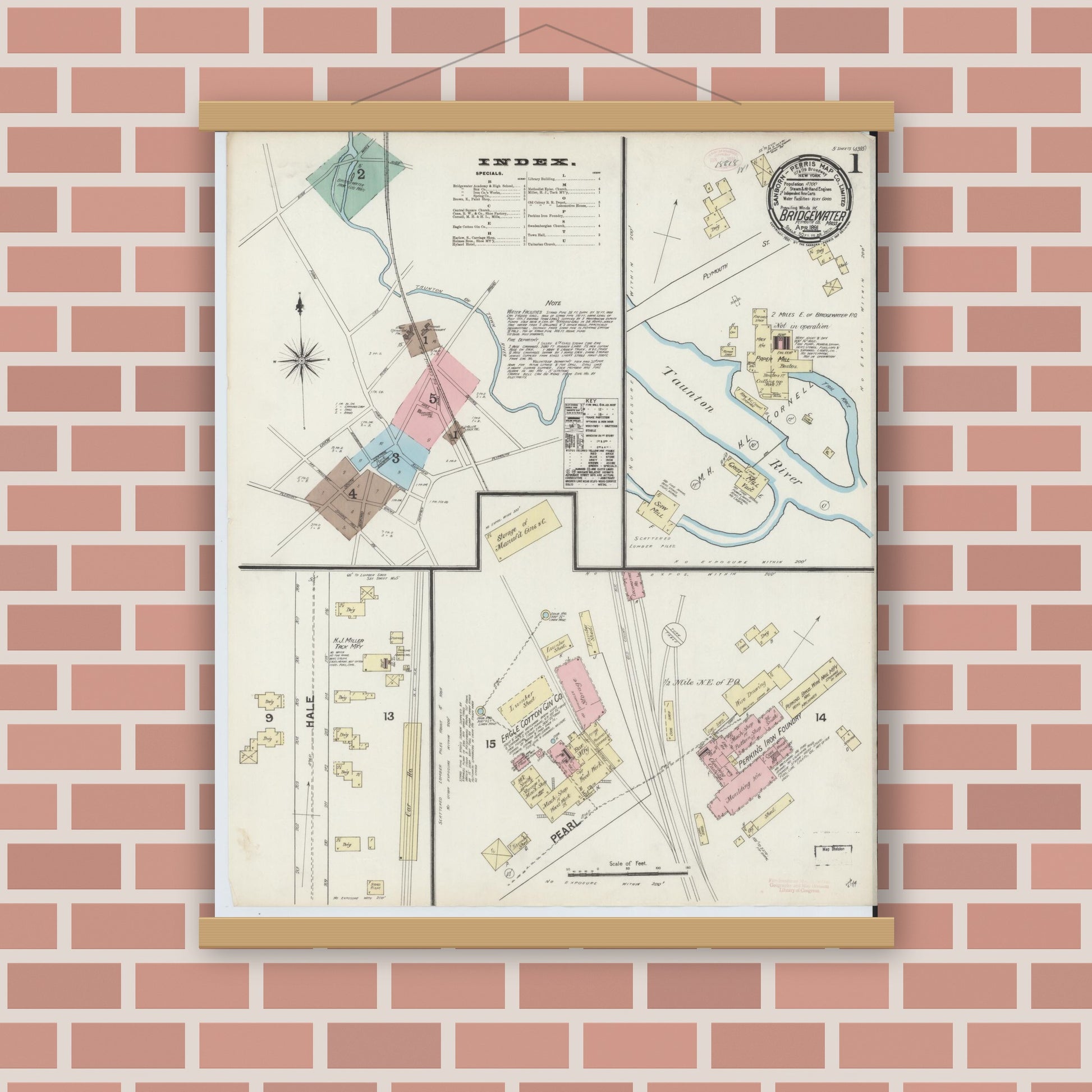 Old map wall art mockup — magnetic wood frame on brick wall — Sanborn Fire Insurance Map from Bridgewater, Plymouth County, Massachusetts (1891) - Complete Map Set
