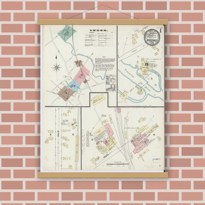 Old map wall art mockup — magnetic wood frame on brick wall — Sanborn Fire Insurance Map from Bridgewater, Plymouth County, Massachusetts (1891) - Complete Map Set