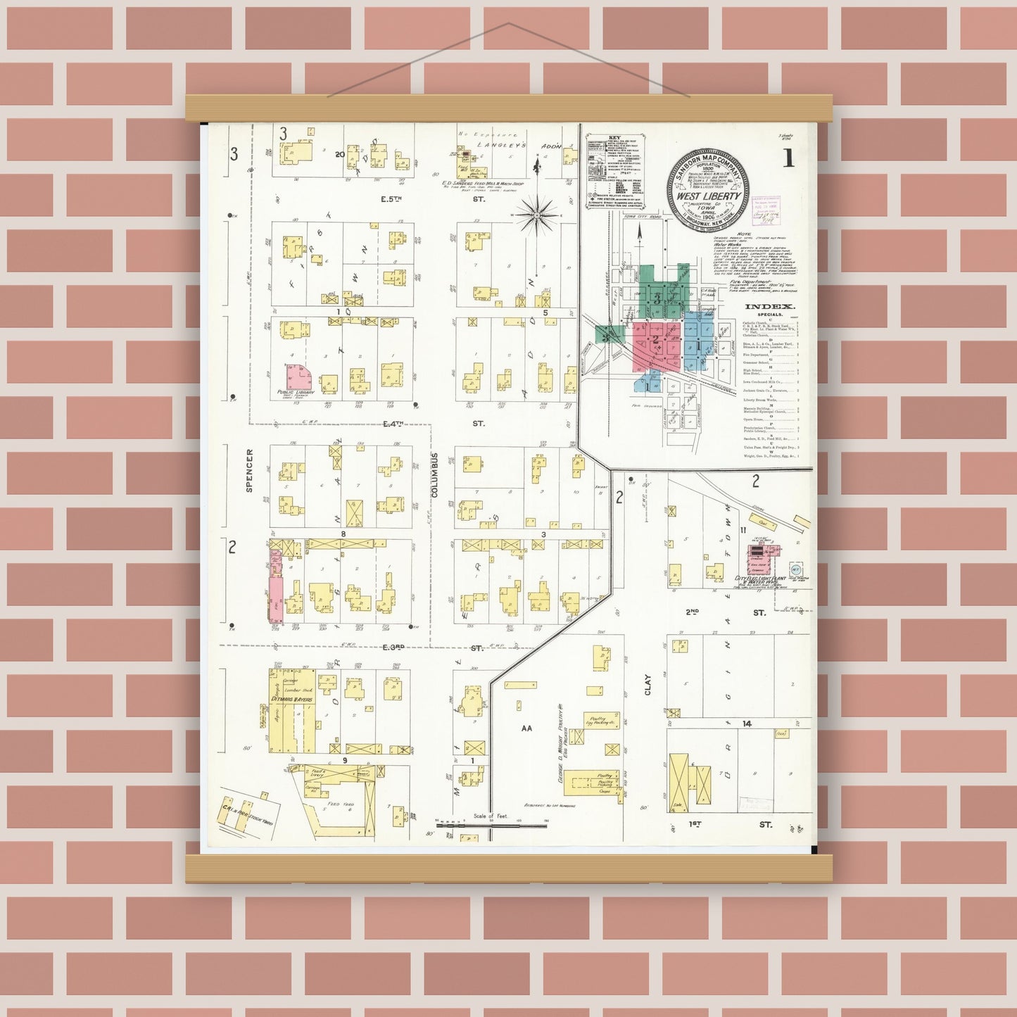 Old map wall art mockup — magnetic wood frame on brick wall — Sanborn Fire Insurance Map from West Liberty, Muscatine County, Iowa (1906) â€” Complete Set