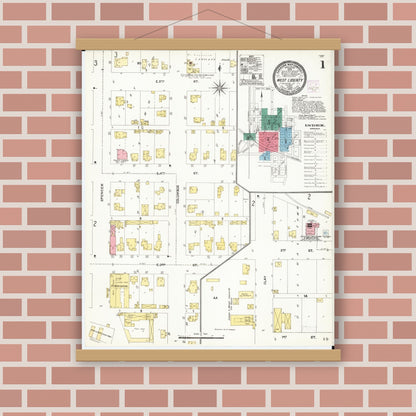 Old map wall art mockup — magnetic wood frame on brick wall — Sanborn Fire Insurance Map from West Liberty, Muscatine County, Iowa (1906) â€” Complete Set