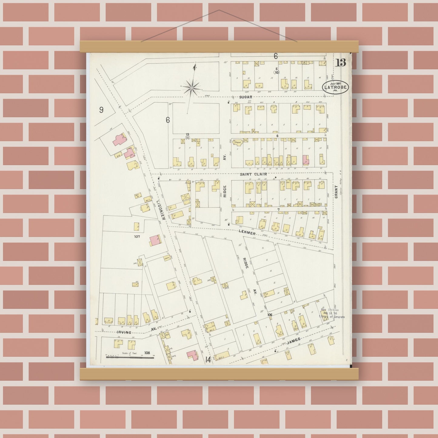 Old map wall art mockup — magnetic wood frame on brick wall — Sanborn Fire Insurance Map from Latrobe, Westmoreland County, Pennsylvania (1897), Sheet #0013