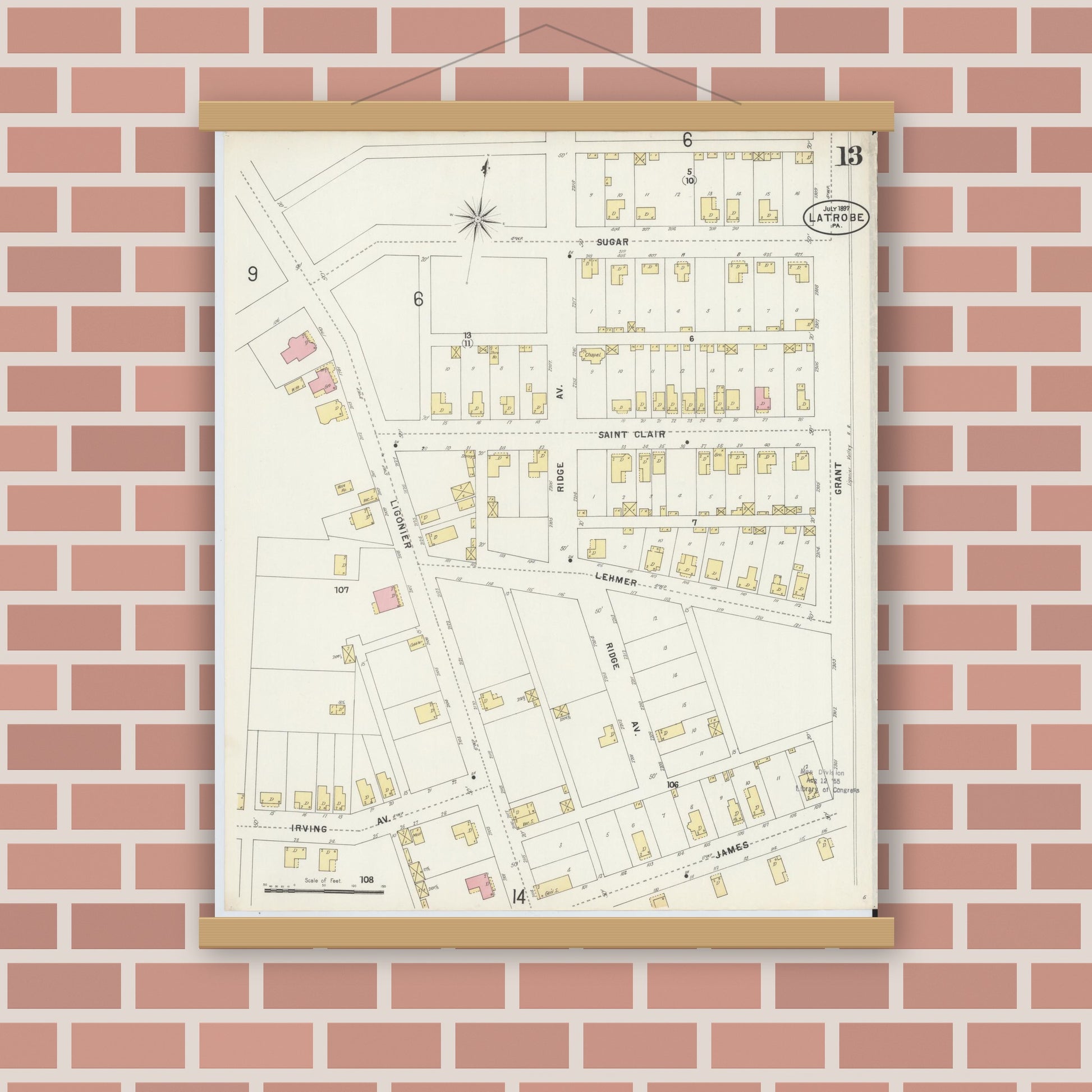 Old map wall art mockup — magnetic wood frame on brick wall — Sanborn Fire Insurance Map from Latrobe, Westmoreland County, Pennsylvania (1897), Sheet #0013