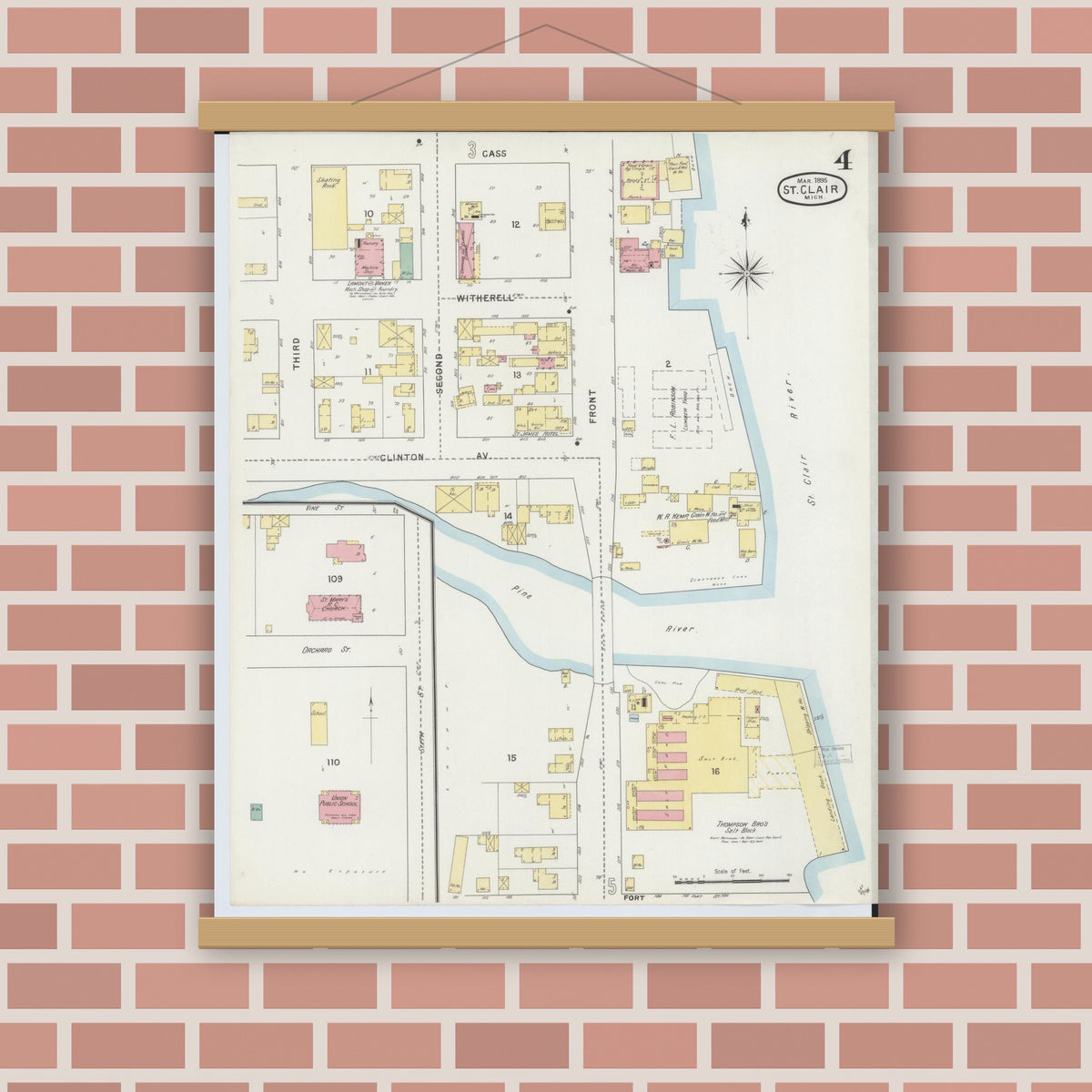 Old map wall art mockup — magnetic wood frame on brick wall — Sanborn Fire Insurance Map from Saint Clair, Saint Clair County, Michigan (1895), Sheet #0004
