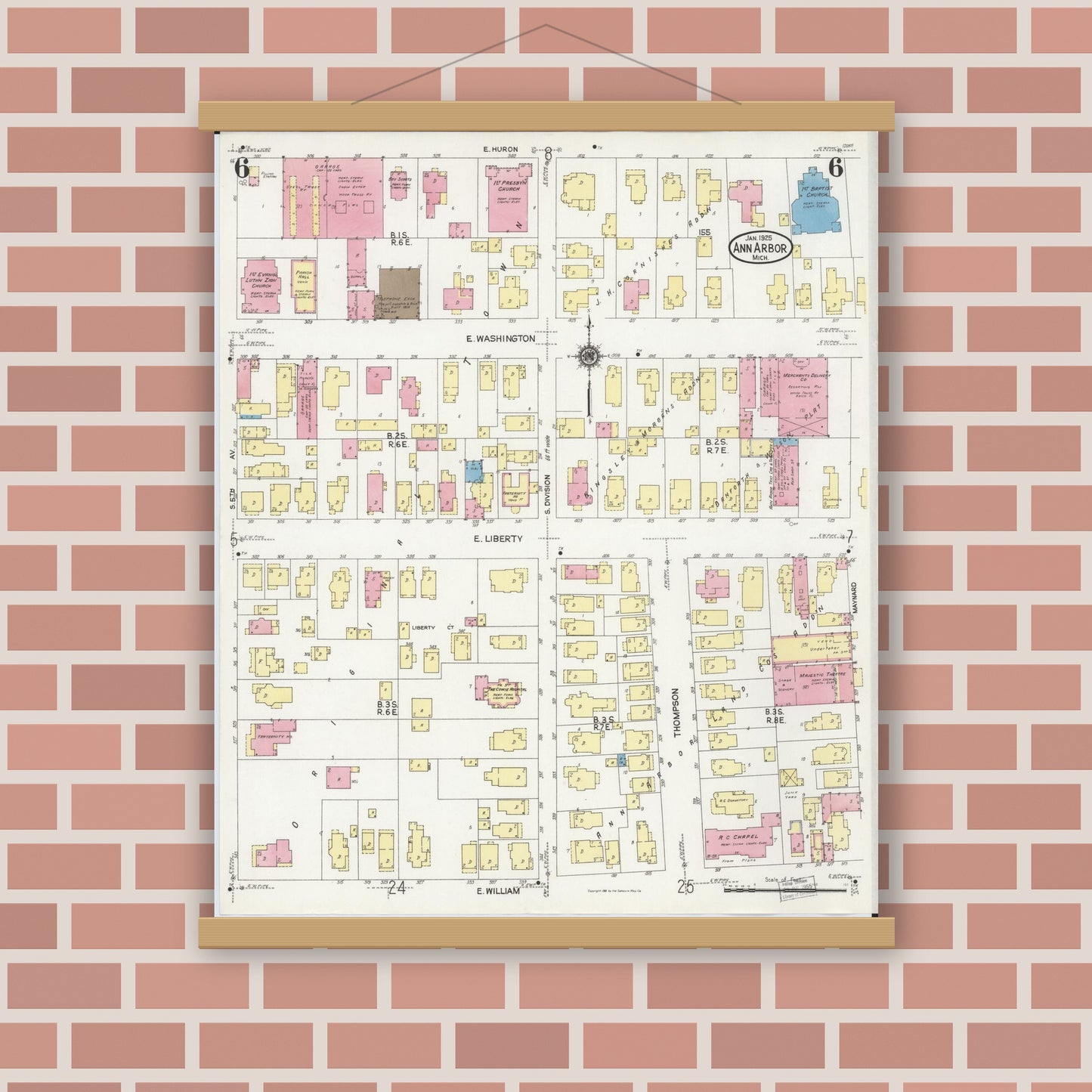 Old map wall art mockup — magnetic wood frame on brick wall — Sanborn Fire Insurance Map from Ann Arbor, Washtenaw County, Michigan (1925), Sheet #0006
