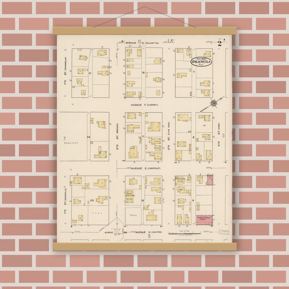 Old map wall art mockup — magnetic wood frame on brick wall — Sanborn Fire Insurance Map from Apalachicola, Franklin County, Florida (1922), Sheet #0002