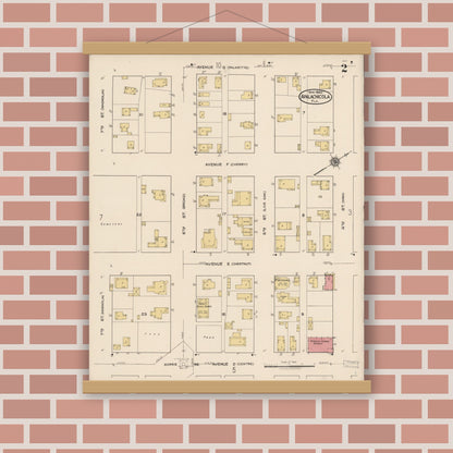 Old map wall art mockup — magnetic wood frame on brick wall — Sanborn Fire Insurance Map from Apalachicola, Franklin County, Florida (1922), Sheet #0002