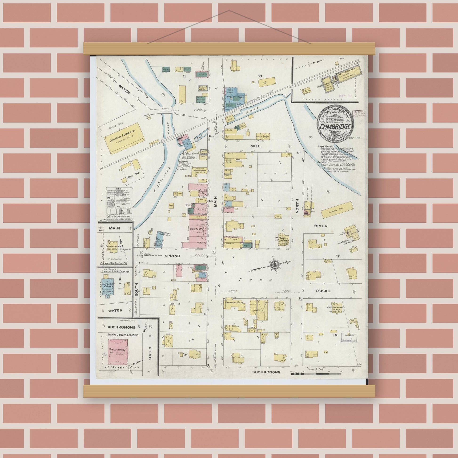 Old map wall art mockup — magnetic wood frame on brick wall — Sanborn Fire Insurance Map from Cambridge, Dane County, Wisconsin (1909), Sheet #0001