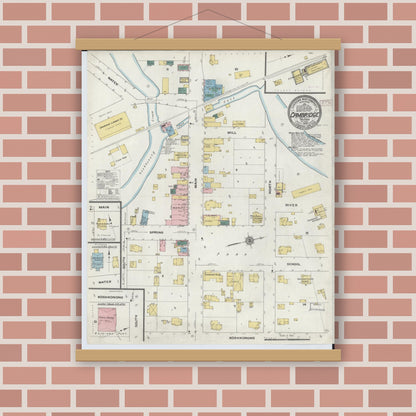 Old map wall art mockup — magnetic wood frame on brick wall — Sanborn Fire Insurance Map from Cambridge, Dane County, Wisconsin (1909), Sheet #0001