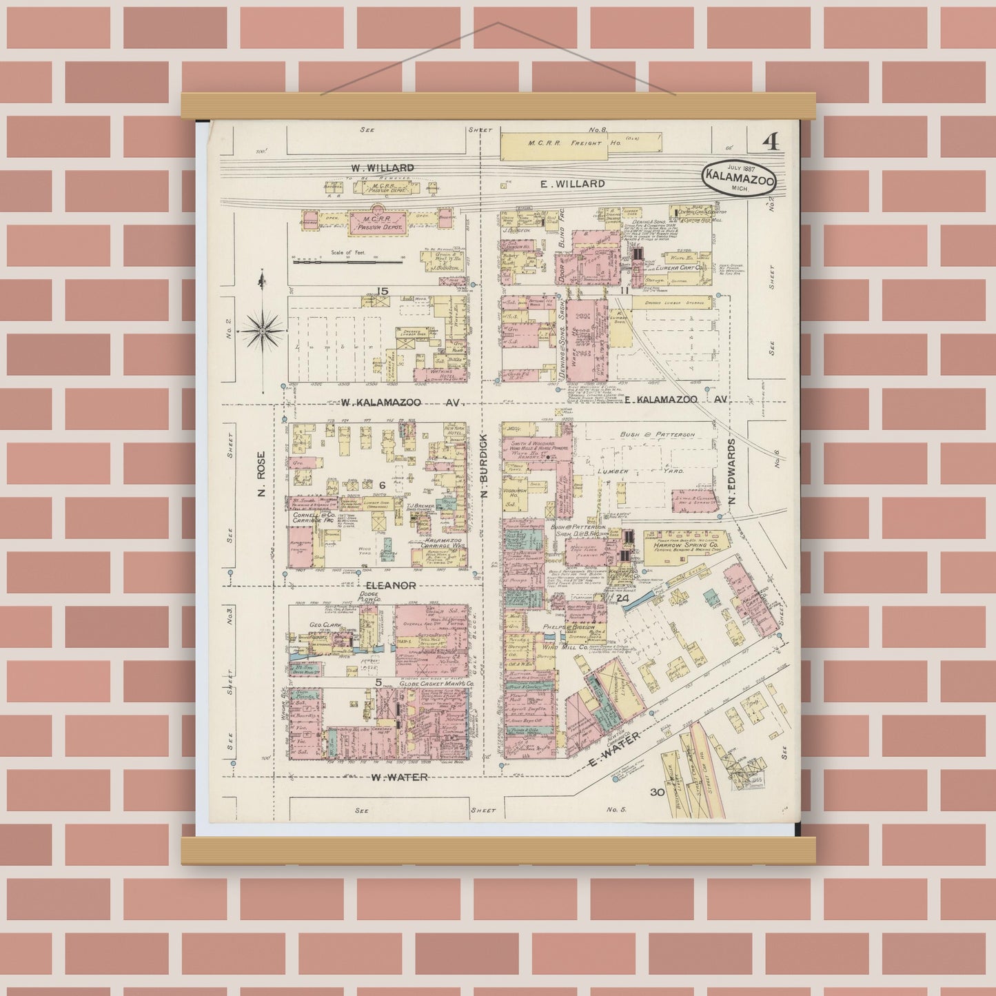 Old map wall art mockup — magnetic wood frame on brick wall — Sanborn Fire Insurance Map from Kalamazoo, Kalamazoo County, Michigan (1887), Sheet #0004
