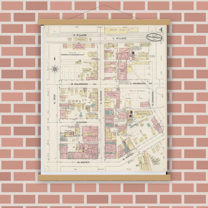 Old map wall art mockup — magnetic wood frame on brick wall — Sanborn Fire Insurance Map from Kalamazoo, Kalamazoo County, Michigan (1887), Sheet #0004