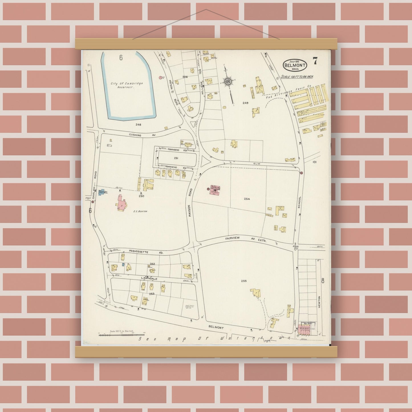 Old map wall art mockup — magnetic wood frame on brick wall — Sanborn Fire Insurance Map from Belmont, Middlesex County, Massachusetts (1915), Sheet #0007