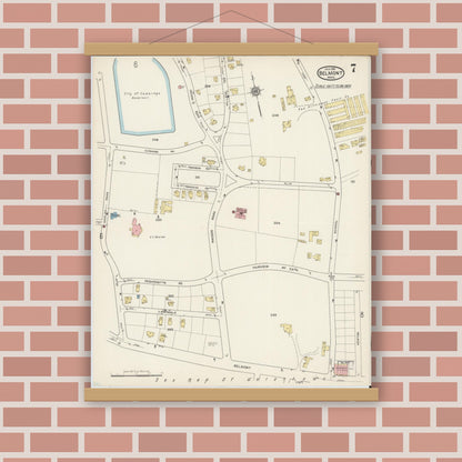 Old map wall art mockup — magnetic wood frame on brick wall — Sanborn Fire Insurance Map from Belmont, Middlesex County, Massachusetts (1915), Sheet #0007