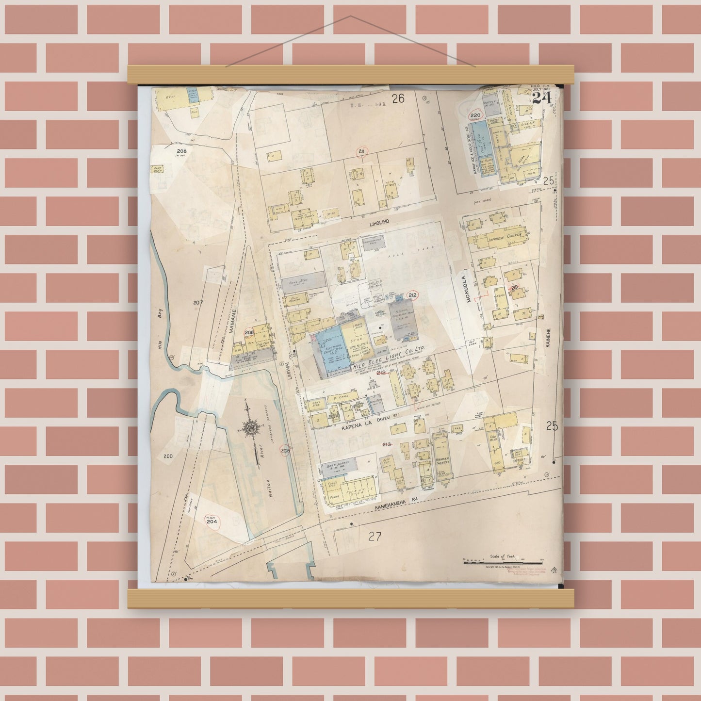 Old map wall art mockup — magnetic wood frame on brick wall — Sanborn Fire Insurance Map from Hilo, Hawaii County, Hawaii (1957), Sheet #0024