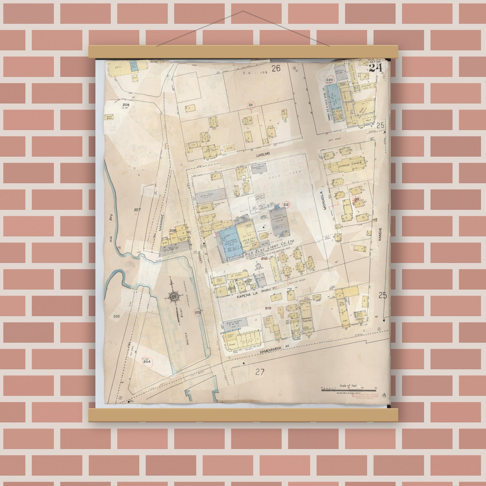 Old map wall art mockup — magnetic wood frame on brick wall — Sanborn Fire Insurance Map from Hilo, Hawaii County, Hawaii (1957), Sheet #0024