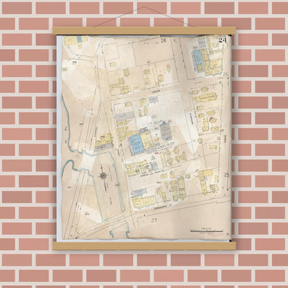 Old map wall art mockup — magnetic wood frame on brick wall — Sanborn Fire Insurance Map from Hilo, Hawaii County, Hawaii (1957), Sheet #0024