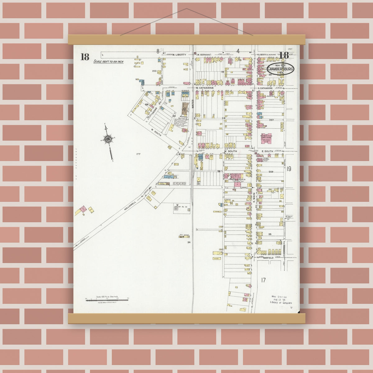 Old map wall art mockup — magnetic wood frame on brick wall — Sanborn Fire Insurance Map from Chambersburg, Franklin County, Pennsylvania (1924), Sheet #0018