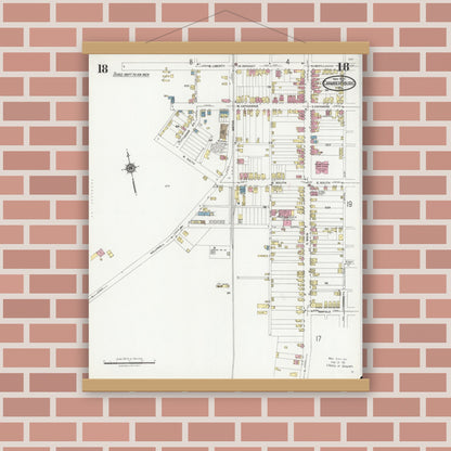 Old map wall art mockup — magnetic wood frame on brick wall — Sanborn Fire Insurance Map from Chambersburg, Franklin County, Pennsylvania (1924), Sheet #0018