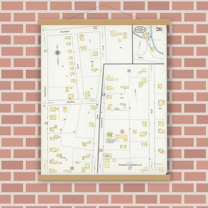 Old map wall art mockup — magnetic wood frame on brick wall — Sanborn Fire Insurance Map from Gardner, Worcester County, Massachusetts (1909), Sheet #0026