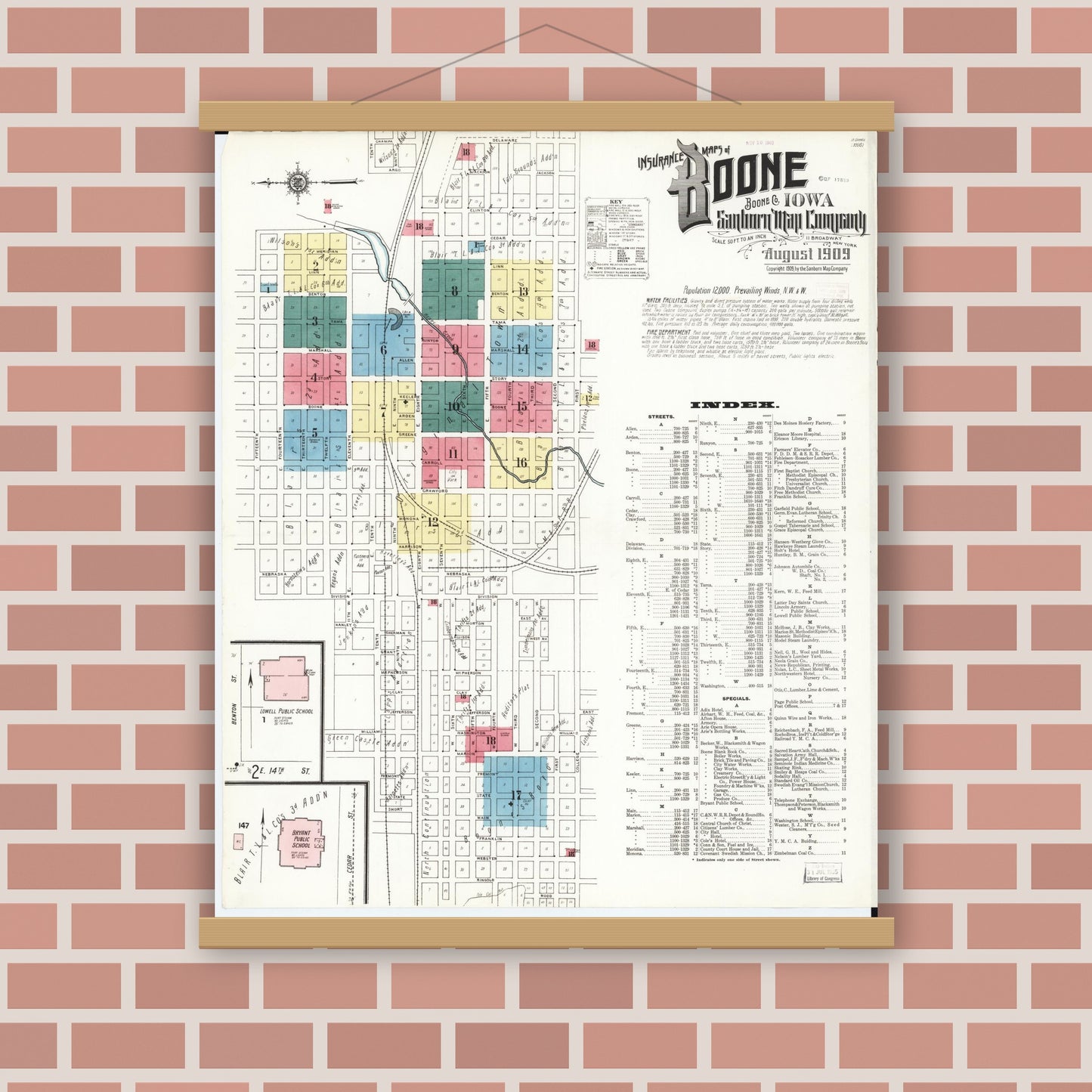 Old map wall art mockup — magnetic wood frame on brick wall — Sanborn Fire Insurance Map from Boone, Boone County, Iowa (1909) â€” Complete Set