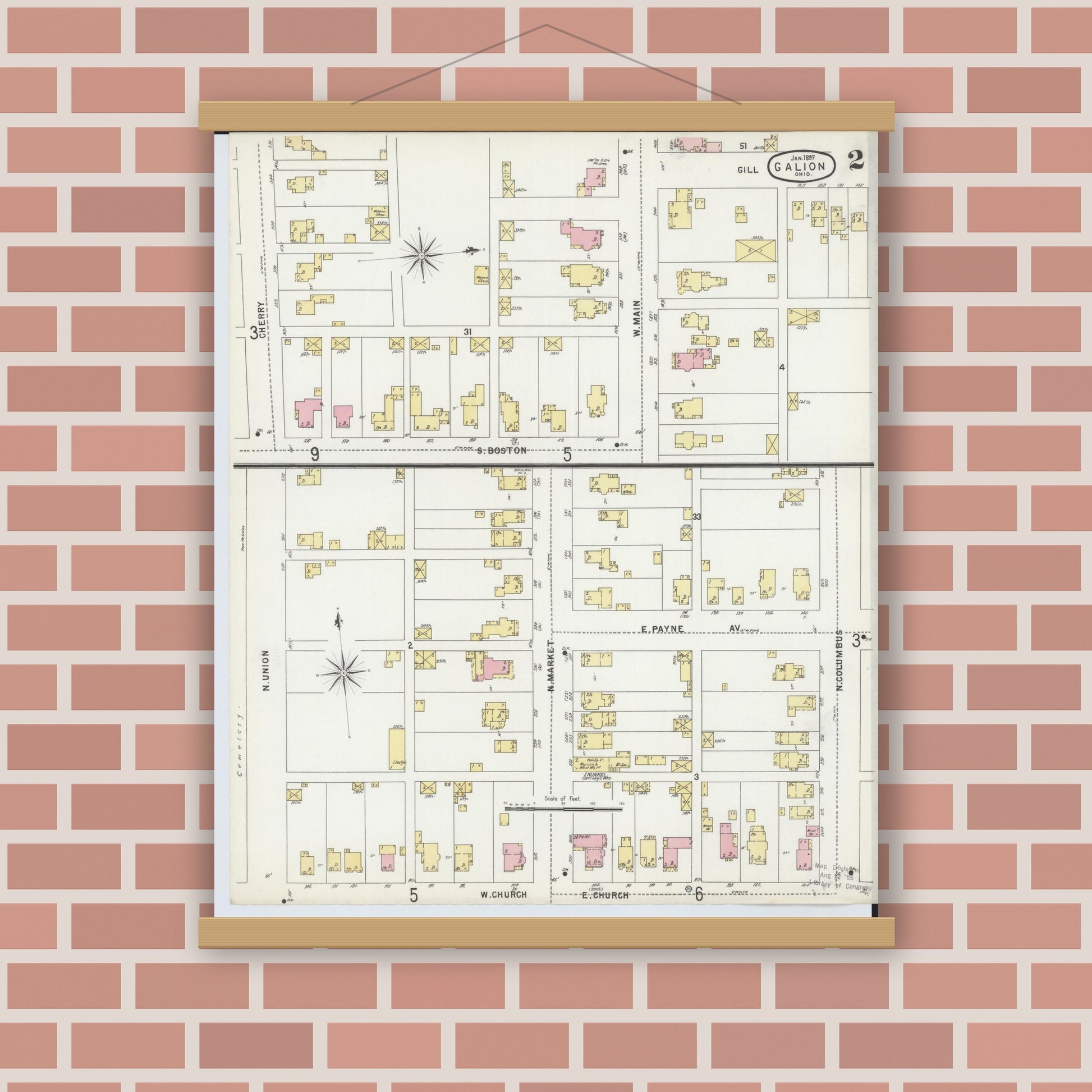 Old map wall art mockup — magnetic wood frame on brick wall — Sanborn Fire Insurance Map from Galion, Crawford County, Ohio (1897), Sheet #0002
