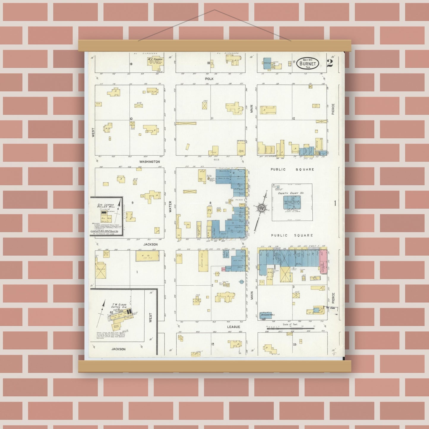 Old map wall art mockup — magnetic wood frame on brick wall — Sanborn Fire Insurance Map from Burnet, Burnet County, Texas (1912), Sheet #0002