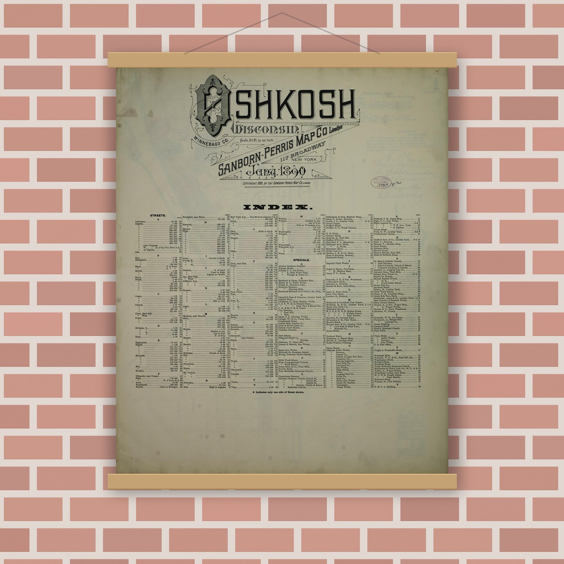 Old map wall art mockup — magnetic wood frame on brick wall — Sanborn Fire Insurance Map from Oshkosh, Winnebago County, Wisconsin (1890), Sheet #0001