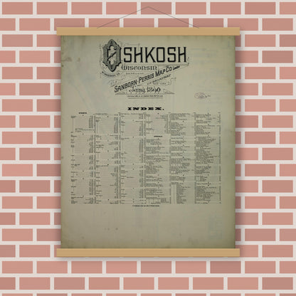 Old map wall art mockup — magnetic wood frame on brick wall — Sanborn Fire Insurance Map from Oshkosh, Winnebago County, Wisconsin (1890), Sheet #0001
